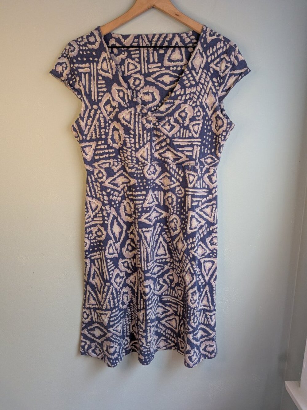 Toad&Co Dress Womens Large Blue Aztec Geometric Print V-Neck Cap Sleeve A-Line